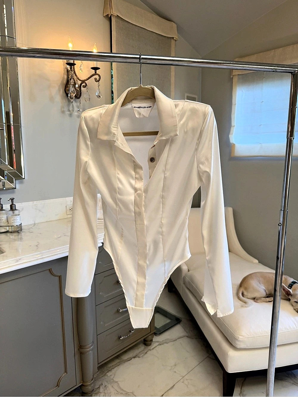 Manière De Voir Louise Wide Shoulder Satin Shirt Bodysuit White
